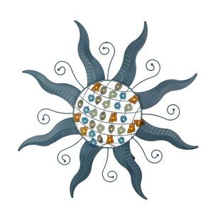 28 Inch Blue Metal Sun LED Light Wall Sculpture Decorative Rustic Home Decor Art